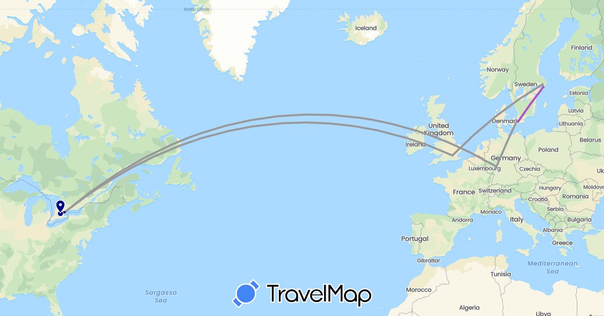 TravelMap itinerary: driving, plane, train in Canada, Germany, Denmark, United Kingdom, Sweden (Europe, North America)